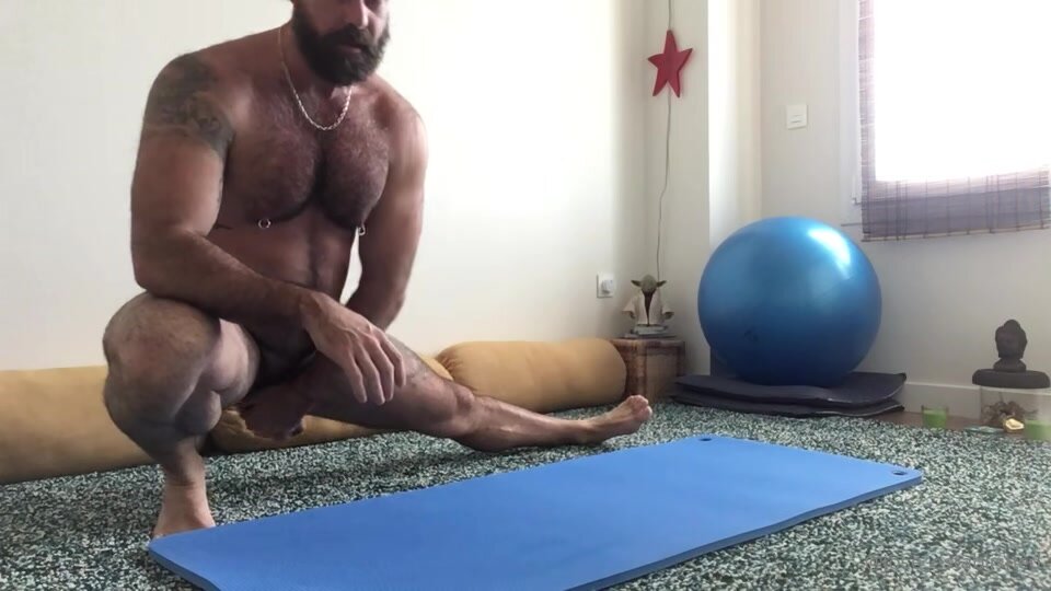 Naked Hairy Yoga with handcuffs